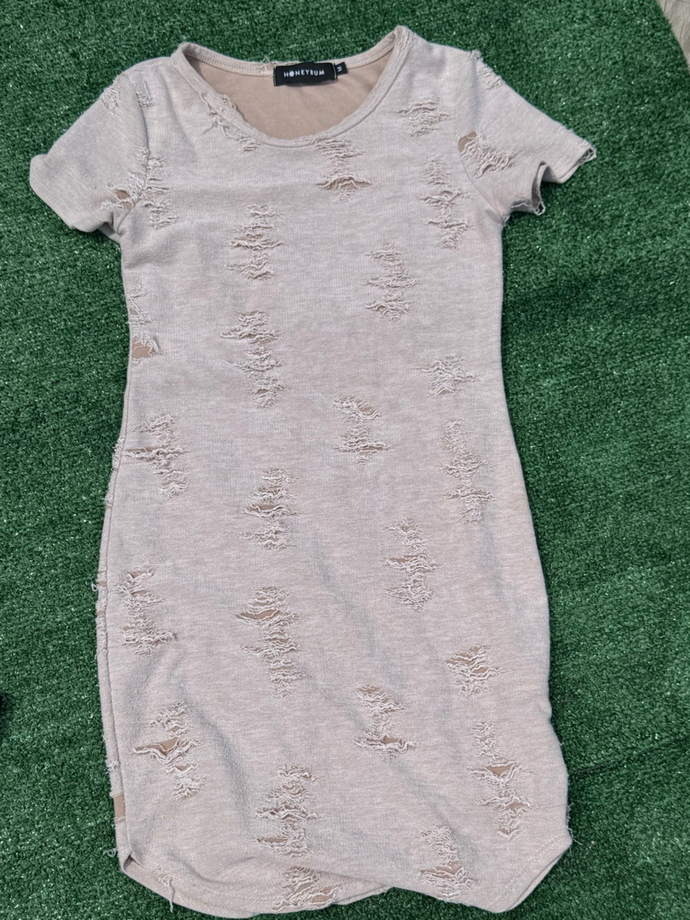 Honeybun Beige Distressed Short Sleeve Mini Dress